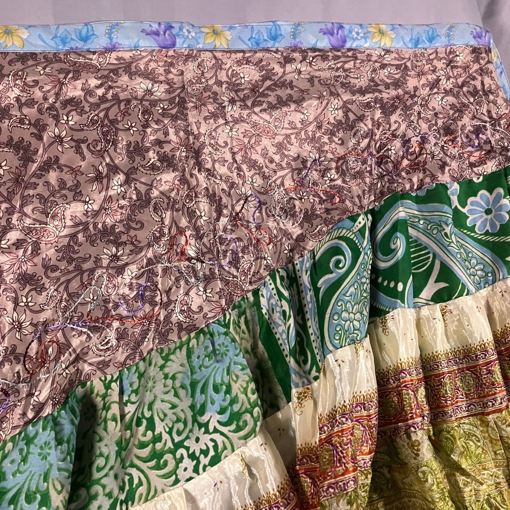 Bohemian Silk Wrap Skirt Rainbow Tie Dye Tiered Ruffled Made in Nepal - Picture 8 of 14